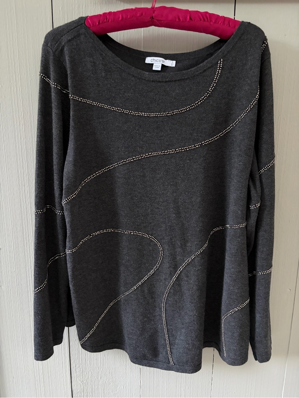 Chico's Dark Charcoal Gray Long-Sleeve Rhinestone-Trim Sweater